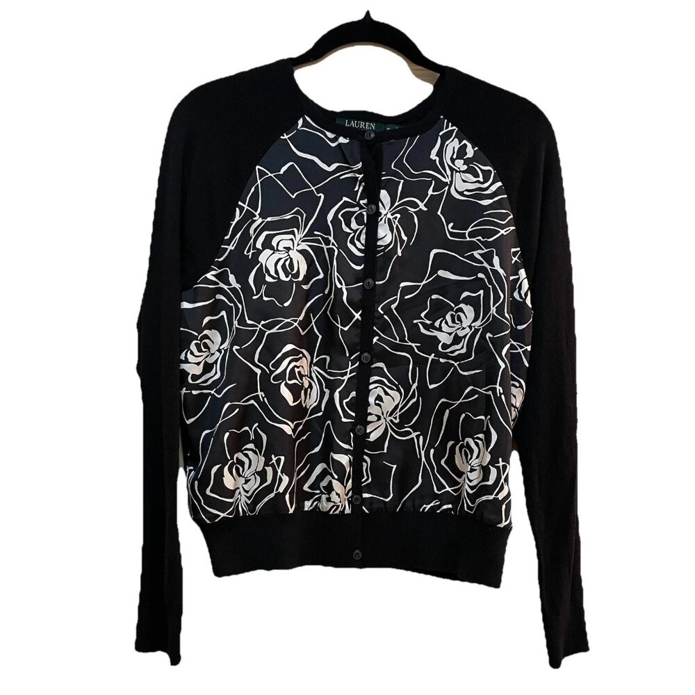 LAUREN RALPH LAUREN Black/White Floral Silk Front Black Knit Back Cardigan Sz PL